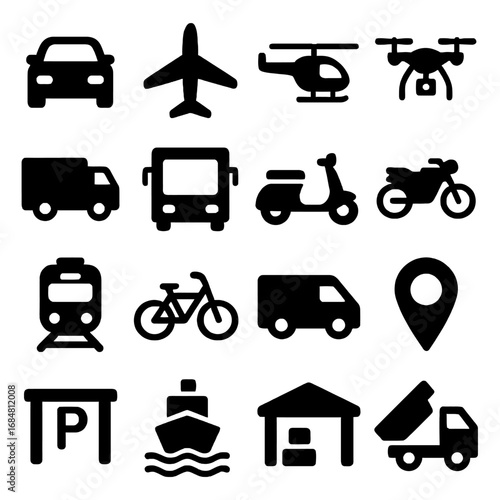 Transportation Icons: A collection of essential transportation icons, rendered in a clean, graphic style, suitable for digital and print applications.