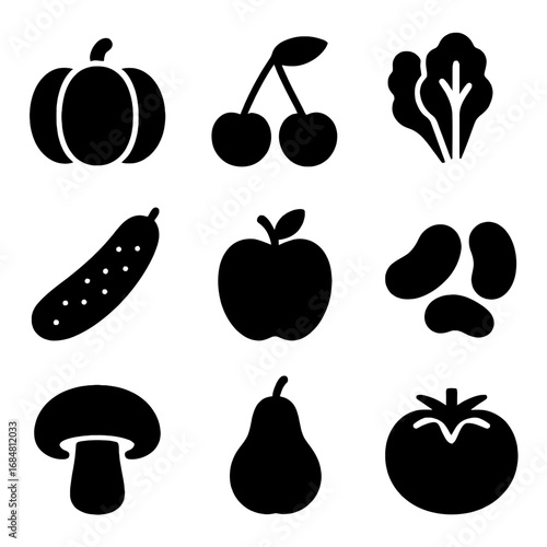 Diverse Assortment of Produce Silhouettes: This striking image showcases a collection of essential, fresh, and natural food and plant graphics in a sleek silhouette style.