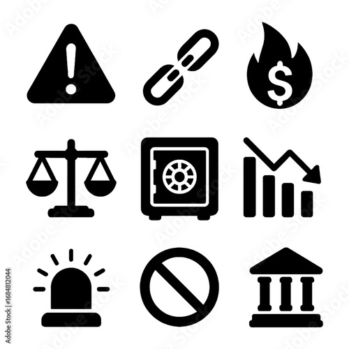 Financial Risk: A vector graphic art piece showcasing a variety of financial risk icons symbolizing concepts such as uncertainty, security, and vulnerability.