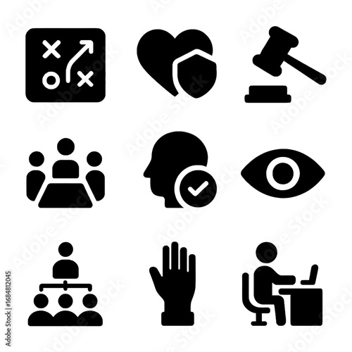 Essential Icons: Set of nine monochrome icons representing key concepts of life, work, business, health and legal matters.