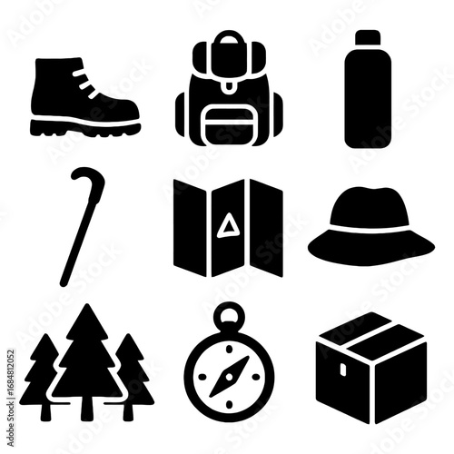 Hiking Gear Essentials: A collection of essential hiking equipment displayed on a flat surface, including boots, backpack, water bottle, trekking pole, map, hat, pine trees, compass, and a package.