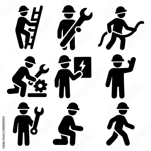 Tradesperson Icons: A collection of detailed, vector-based icons showcasing various tradespeople performing their specialized tasks, suitable for graphic design and user interfaces.