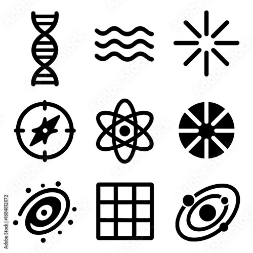 Science Icon Set: A curated collection of graphic icons representing diverse scientific concepts and elements, perfect for illustrating topics in biology, physics, astronomy, and more.