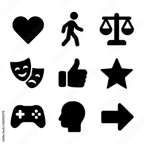 Iconic Collection: A compilation of universally recognizable monochrome icons representing core concepts, from love and justice to entertainment, conveying simple yet profound messages.
