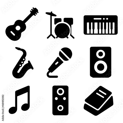 Music Ensemble: A collection of iconic musical instruments arranged artfully. Capturing the spirit of sound