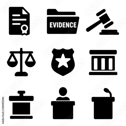 Justice Icons: A collection of vector graphics symbolizing the pillars of law, order, and due process, presented in a clean, easily recognizable style.