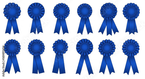 Collection of blue rosette ribbons award medals