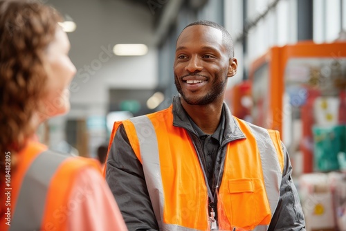 Confident young man wearing high visibility vest talks with a colleague in a busy workplace during the day