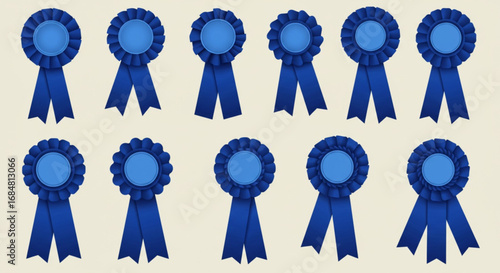Collection of blue rosette ribbons for awards and recognition