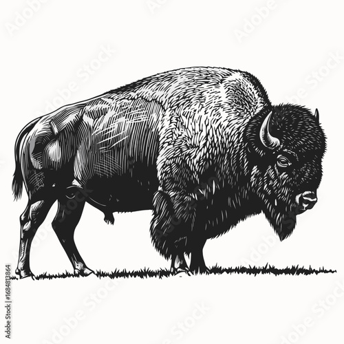 Majestic bison standing in profile showcases detailed engraving. Bison art displays its powerful stature, emphasized by rough linework and intricate shading.