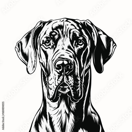 Great Dane portrait in black and white, showcasing detailed woodcut style. Fine art Great Dane portrait of distinguished purebred with intricate shading and expressive features.
