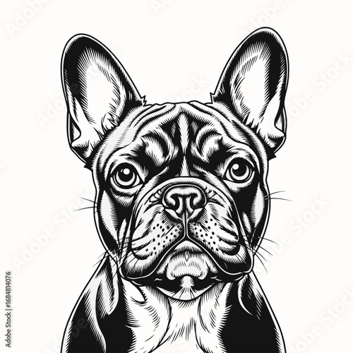 French bulldog portrait in black and white woodcut style with detailed shading. French bulldog art portrays a cute, domestic animal, perfect for wall art or printing.