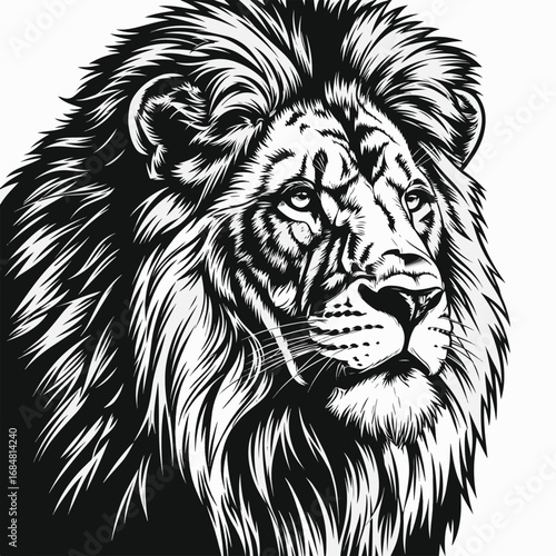 Black and white lion head portrait showcases a striking graphic style with textured mane. This lion head portrait conveys artistic detail and dramatic monochrome contrasts,