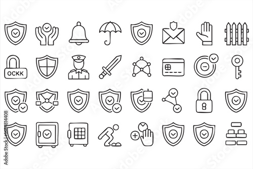 Alarm, shield, and vault protection icons in outline style