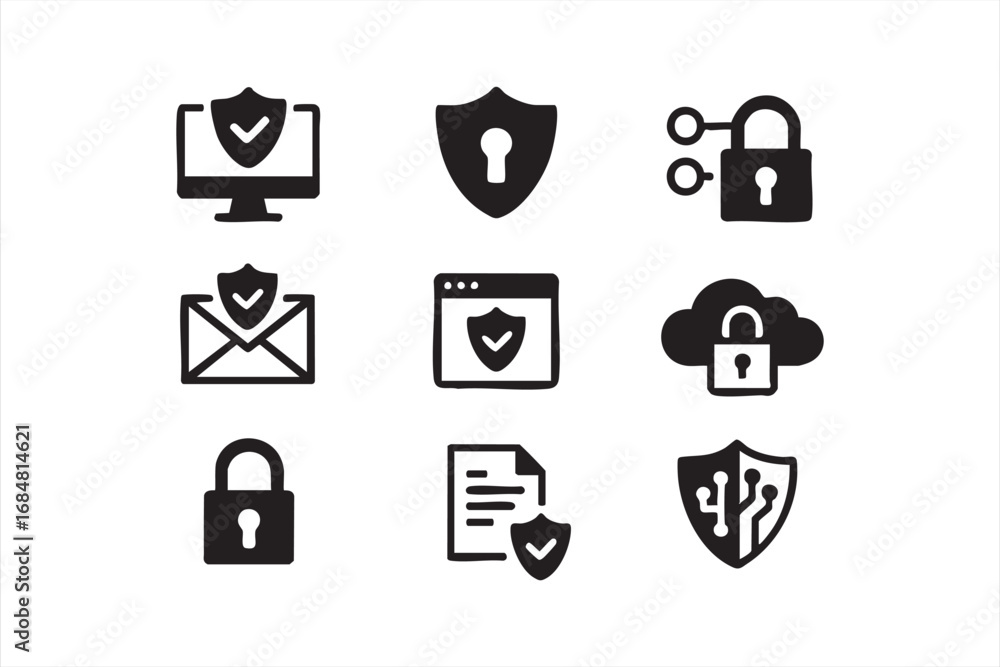 Fototapeta premium Shield, padlock, and cloud encryption symbols set isolated