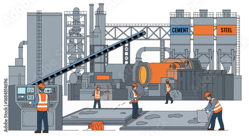 Flat vector faceless illustration of workers in a cement and steel manufacturing plant, large industrial machinery in background, safety equipment, isolated on white background