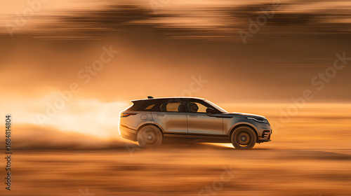 dynamic panning shot for a luxury car commercial, a sleek, modern SUV glides effortlessly at full sprint through plains