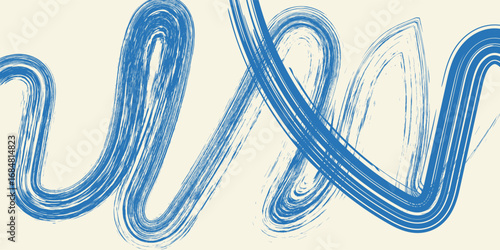 Grunge grainy blue brush stroke with spray texture. Hand drawn distress damaged vintage banner with zigzag bold line. Rough thick brush stroke texture. Spray paint effect vector background.