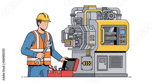 Flat vector faceless illustration of industrial technician repairing factory machine with toolbox and wrench, worker wearing safety helmet and vest, isolated on white background