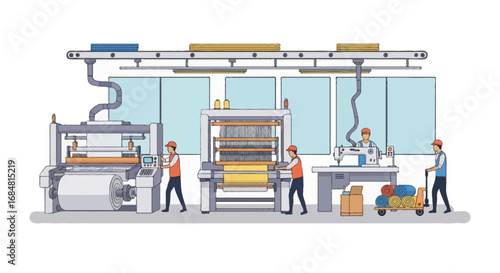 Flat vector illustration of textile factory with sewing machines, automated looms, workers handling fabric rolls, modern production environment, isolated on white background
