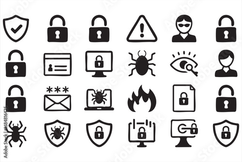 Security symbols including malware, hacker, and phishing attacks