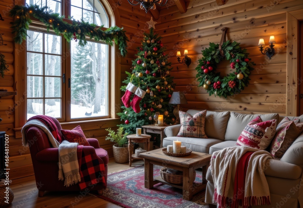 Fototapeta premium a rustic cabin styled with christmas decor in deep green, brown, and red plaid patterns, natural pine accents, and cozy knit stockings matching the wooden log cabin interior