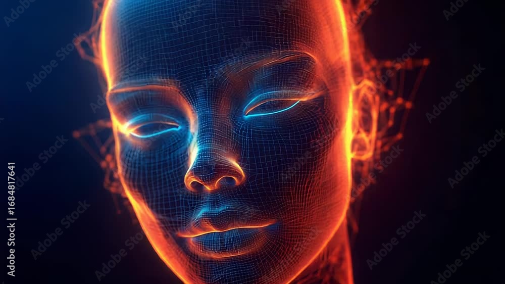 Artificial intelligence forming a polygonal woman face with closed eyes Artificial intelligence forming a polygonal woman face with closed eyes