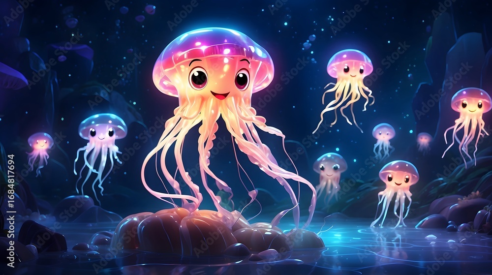 Underwater animals seamless pattern with colorful jellyfish in a blue aquarium