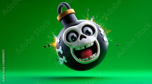 3D cartoon, a happy skull on a black bomb icon with a burning lit fuse, green background
