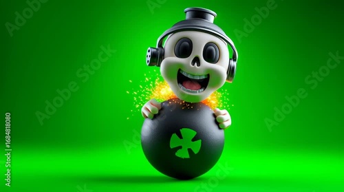 3D cartoon, a happy skull on a black bomb icon with a burning lit fuse, green background