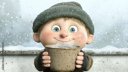 Wallpaper Mural Cheerful Cartoon Boy Enjoys Warm Drink in Snowy Winter Scene Torontodigital.ca