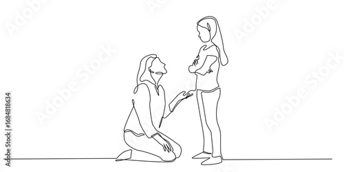 Continuous line illustration of a mother kneeling to talk with her upset daughter. One line drawing showing parenting, family communication, empathy, guidance, and relationship issues