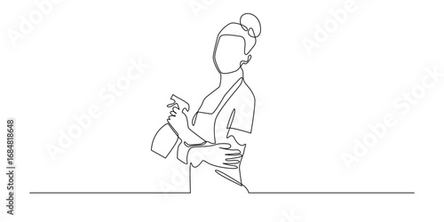 Continuous line illustration of a woman cleaner holding a spray bottle. One line drawing art symbolizing hygiene, sanitation, cleaning service, and household work.