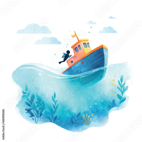 Watercolor Illustration of a Diver and a Boat in the Ocean