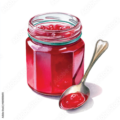 Watercolor Illustration of a Jar of Jam with a Spoonful of Deliciousness