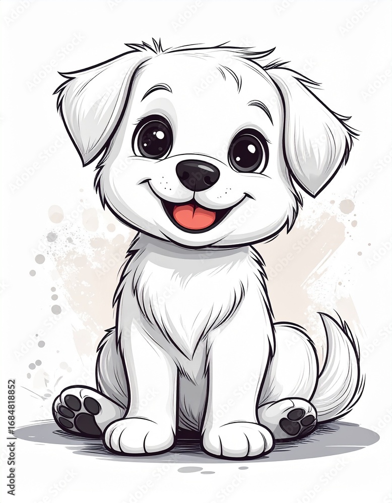 Fototapeta premium Adorable white puppy sitting happily, a charming black and white cartoon vector illustration