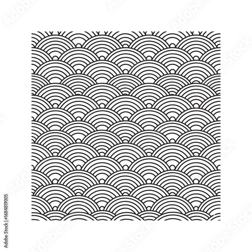 Traditional Japanese Seigaiha Wave Pattern. Seamless Geometric Background with Black Overlapping Arcs on White.
