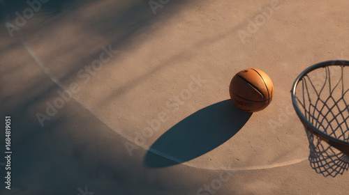 Top view of a basket ball on a basketball court, with the shadow of the net, soft lighting, and clean, minimalistic composition