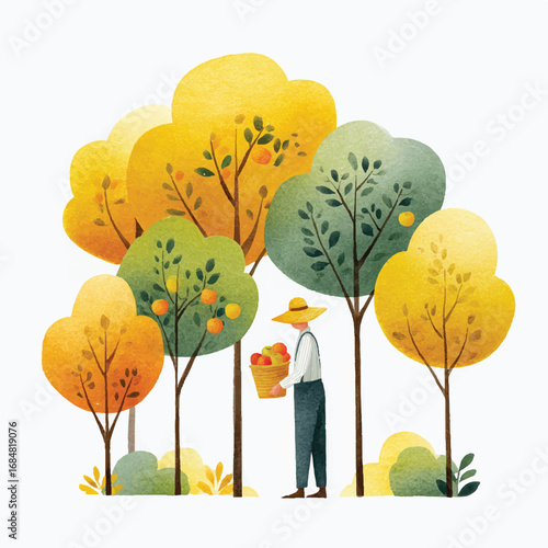 Watercolor Illustration of a Farmer Harvesting Apples in an Orchard Setting