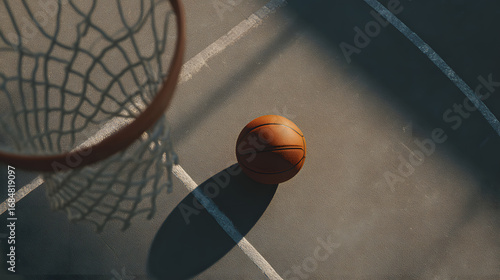Top view of a basket ball on a basketball court, with the shadow of the net, soft lighting, and clean, minimalistic composition