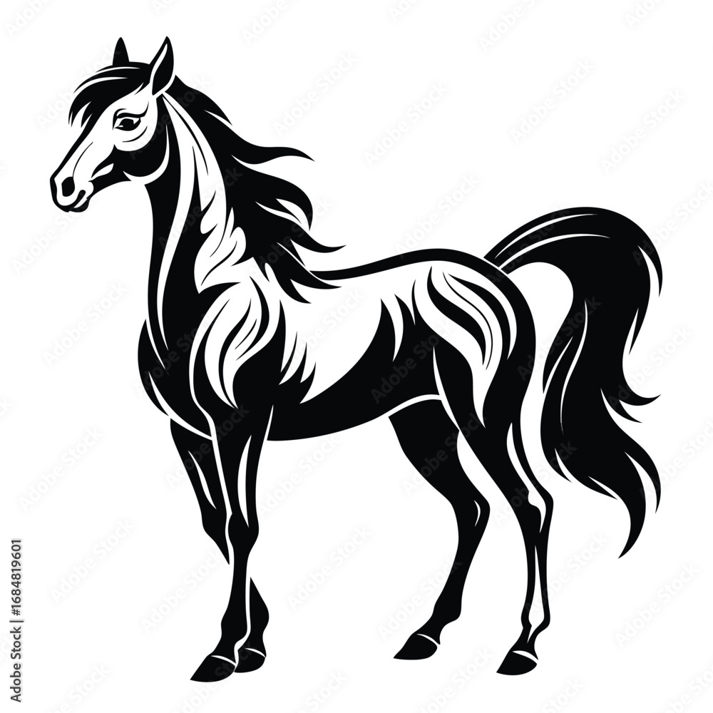 Fototapeta premium Majestic Black and White Horse Illustration Graceful Equine Design with Flowing Mane and Tail Striking Symbol of Strength and Elegance