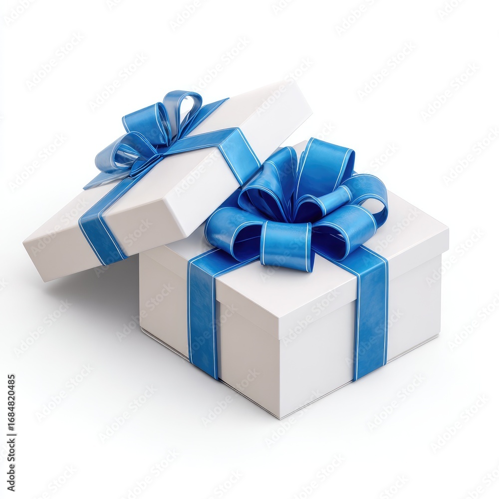 Fototapeta premium Opened white gift box with blue ribbon and bows