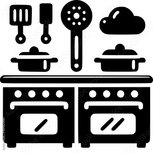 Culinary Essentials: A monochrome illustration showcasing essential kitchen tools, meticulously arranged above a double stove, symbolizing culinary creativity. 