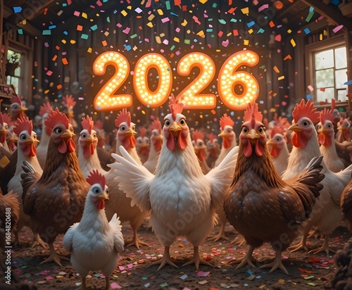 Group of chickens releasing colorful confetti shaped as 2026, funny barnyard party, comical festive vibe, ultra detailed humor, playful rural celebration.