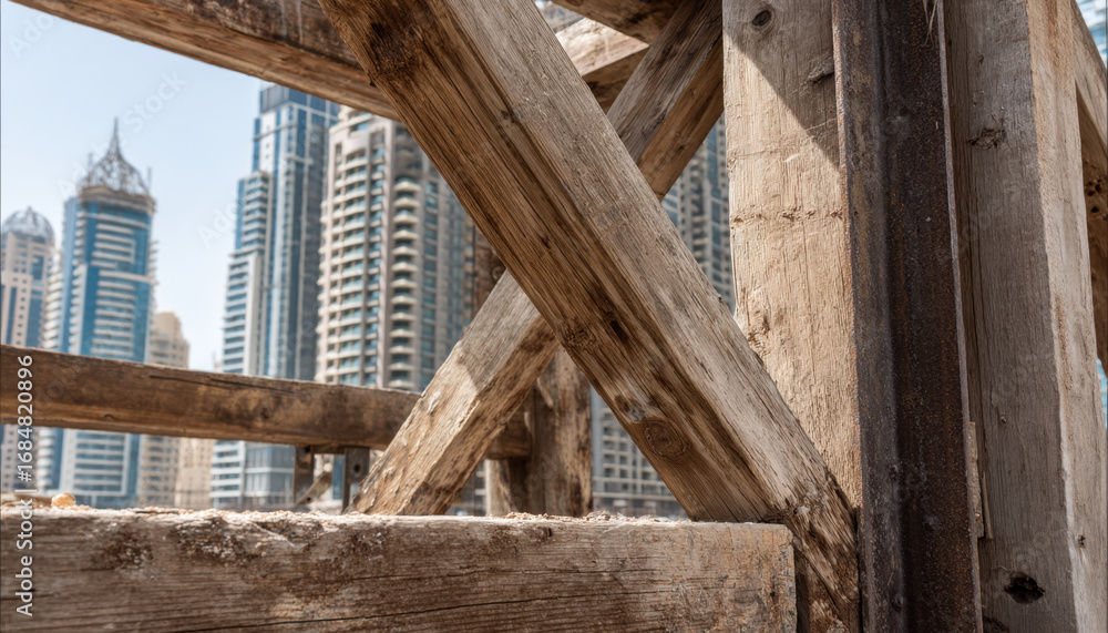 Obraz premium Construction site with wooden scaffolding against city skyline during daytime in a modern urban environment