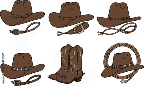 Cowboy hats boots belt rope western country rustic vintage wild west ranch accessories vector illustration set
