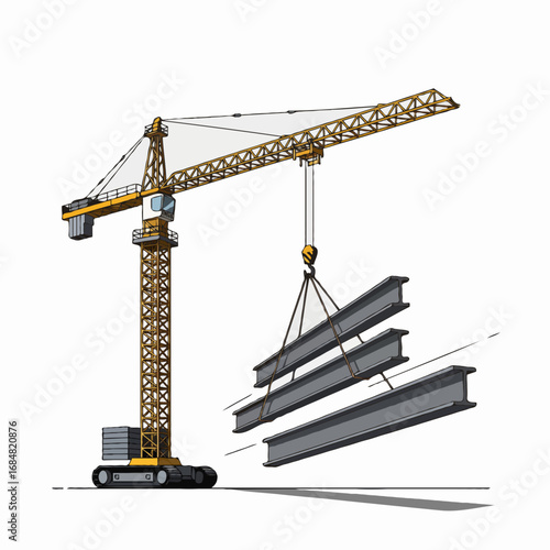 Vector illustration of a tall construction crane lifting steel beams. Clean modern flat industrial style for architecture and building projects.
