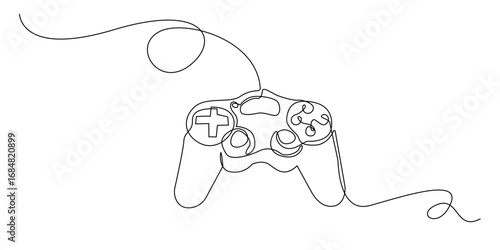Continuous line drawing of a game controller, minimalist one line art symbolizing gaming, entertainment, e-sports, and digital lifestyle. Simple contour illustration for modern design.