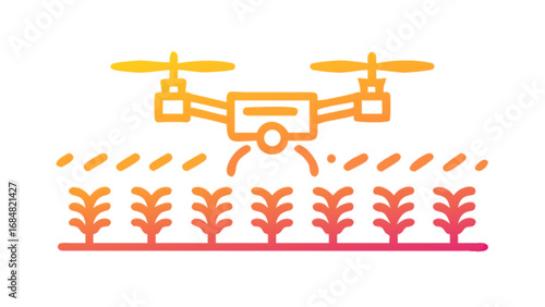Aerial drone spraying crops in a field with orange and yellow gradient color scheme illustration art