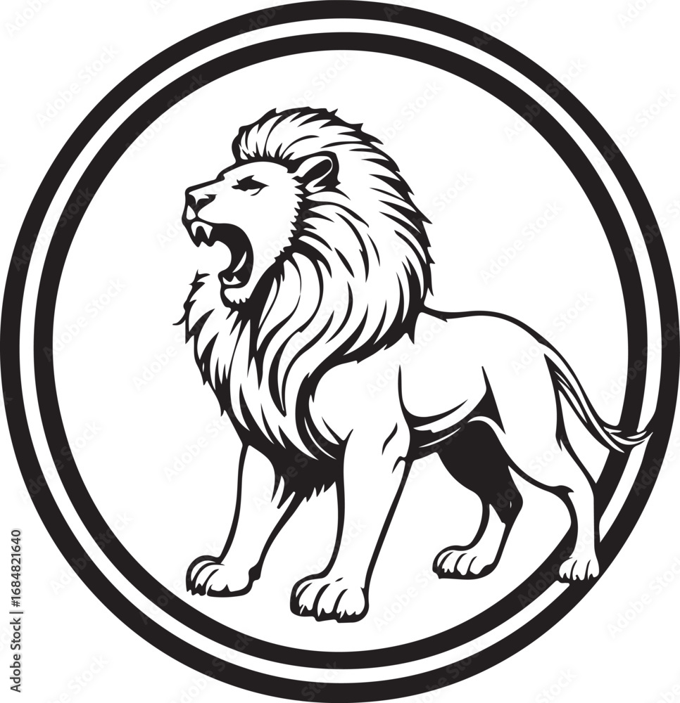 Obraz premium “Roaring Lion Emblem Vector Illustration | Fierce Jungle King Artwork | Bold Tribal Animal Design for Logos, Tattoos, Shields, and Heraldic Symbols”